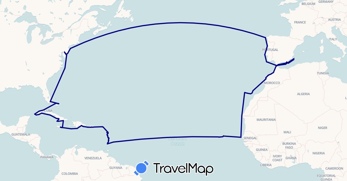 TravelMap itinerary: driving in Barbados, Bahamas, Cuba, Cape Verde, Dominica, Dominican Republic, Western Sahara, Spain, France, Gibraltar, Jamaica, Saint Lucia, Morocco, Netherlands, Portugal, Senegal, United States, Saint Vincent and the Grenadines (Africa, Europe, North America)